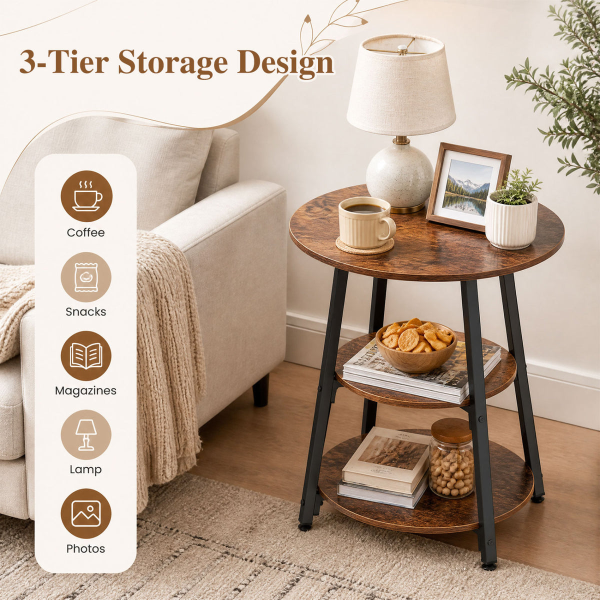 Set of 1 Industrial Side Tables with 3-Tier Shelves & Metal Frame for Small Space-Rustic Brown