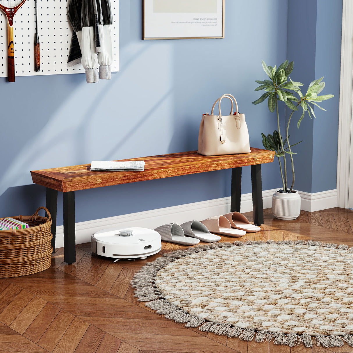 Set of 1 Outdoor Acacia Wood Benches 2-3 People Backless Garden Front Benches with Metal Frame-1 Piece