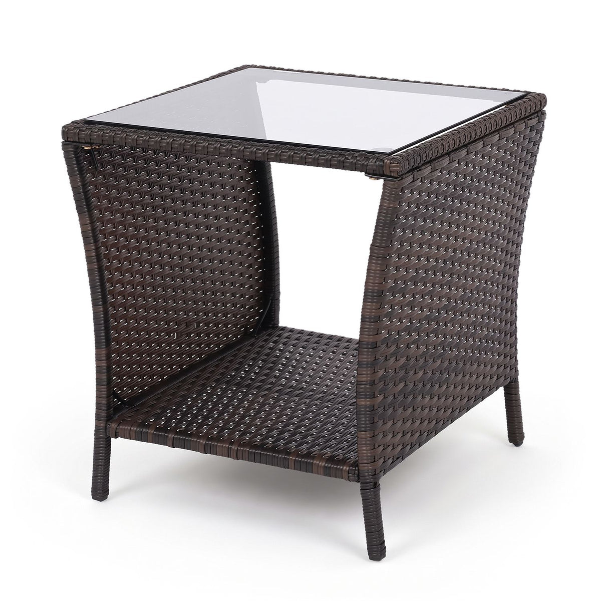 Set of 1/2 Outdoor Wicker Side Table with Tempered Glass Top and Storage Shelf