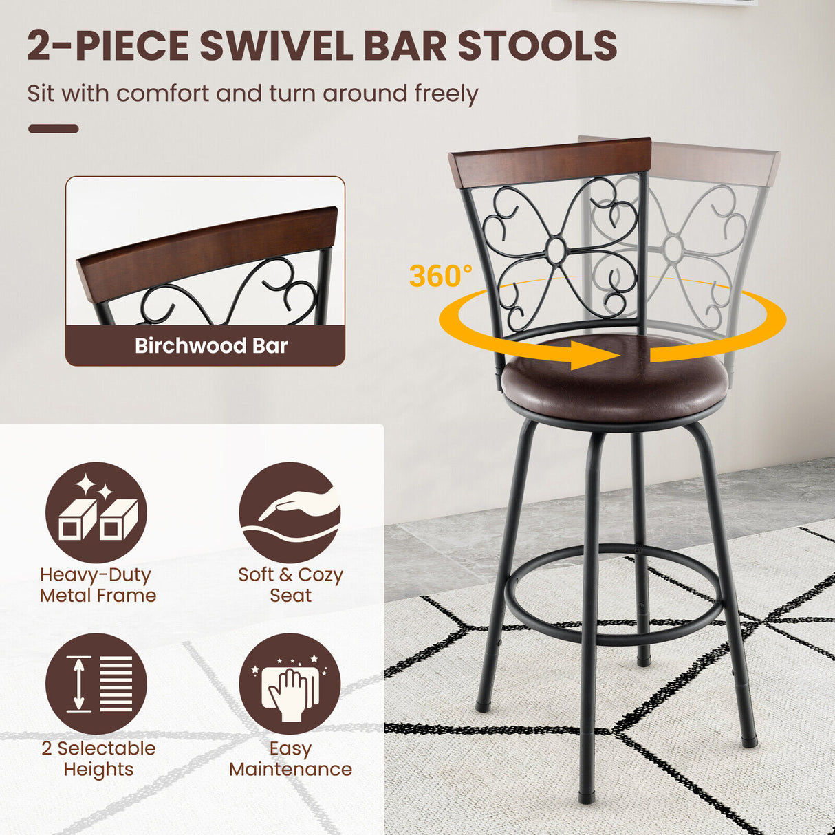 2 Pieces 24-30 Inch Adjustable PU Cushioned Swivel Barstools-Brown