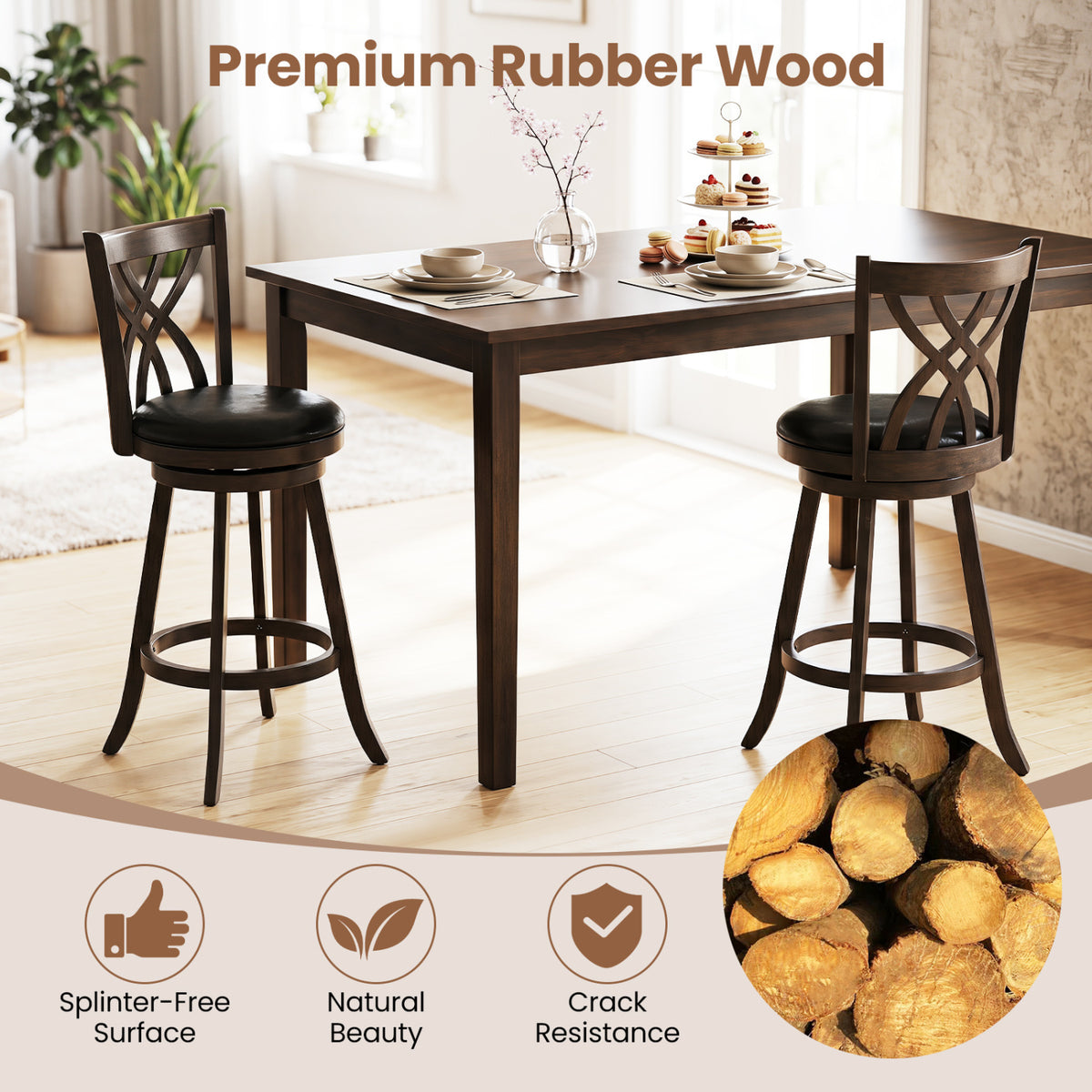 Set of 2 29" Counter Height Bar Stools with Rubber Wood Frame and Hollowed Backrest-Gray