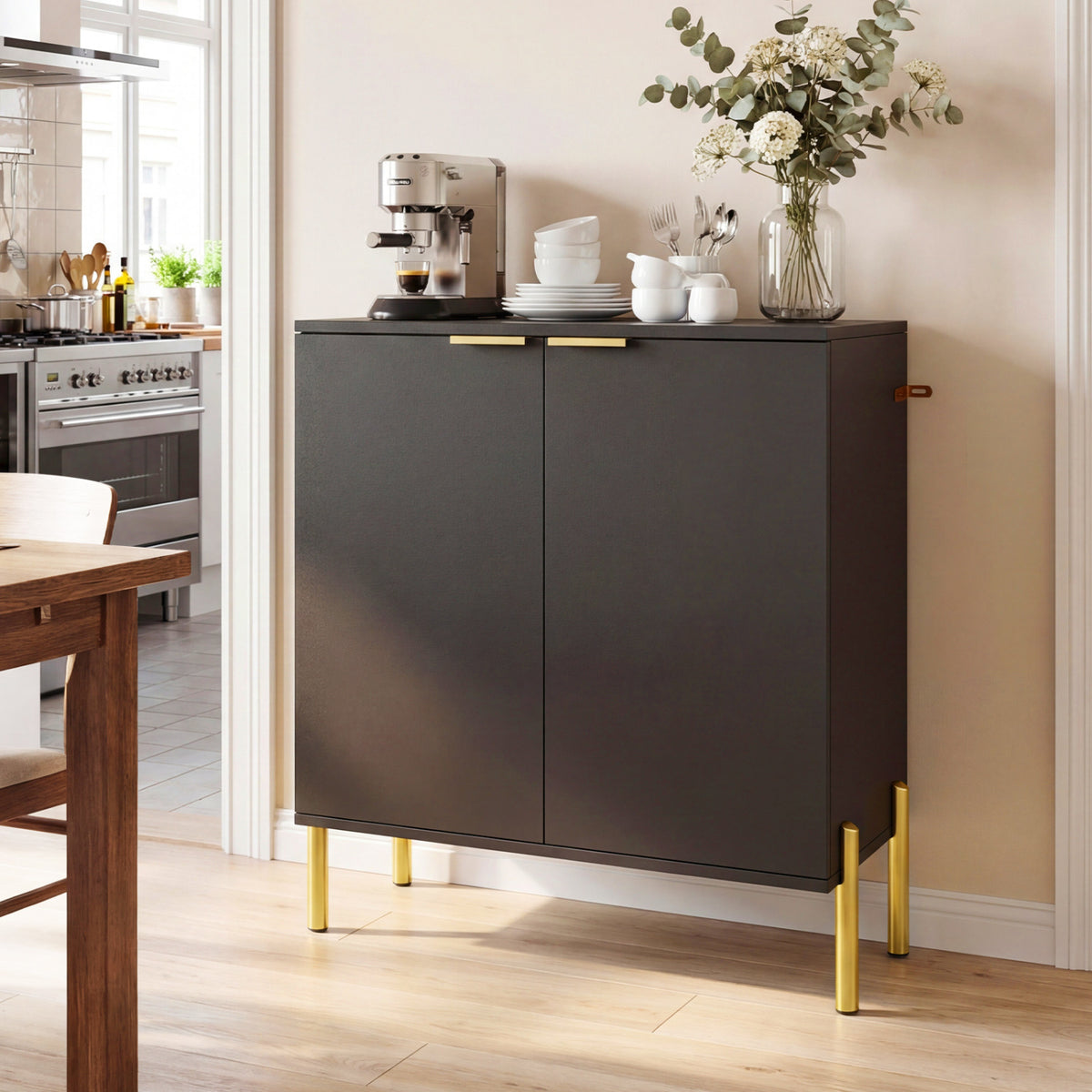 Set of 2 2-Door Buffet Cabinet Sideboard with Metal Legs-Black