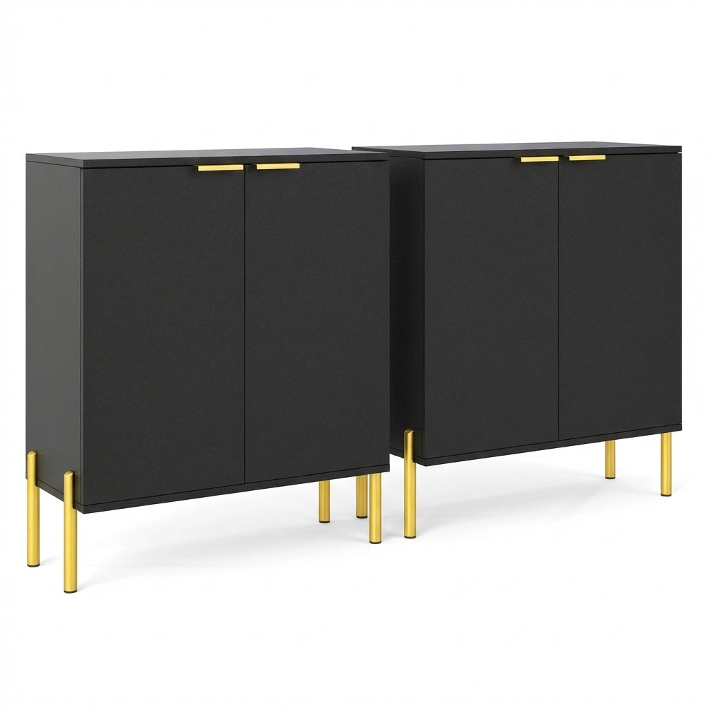 Set of 2 2-Door Buffet Cabinet Sideboard with Metal Legs-Black