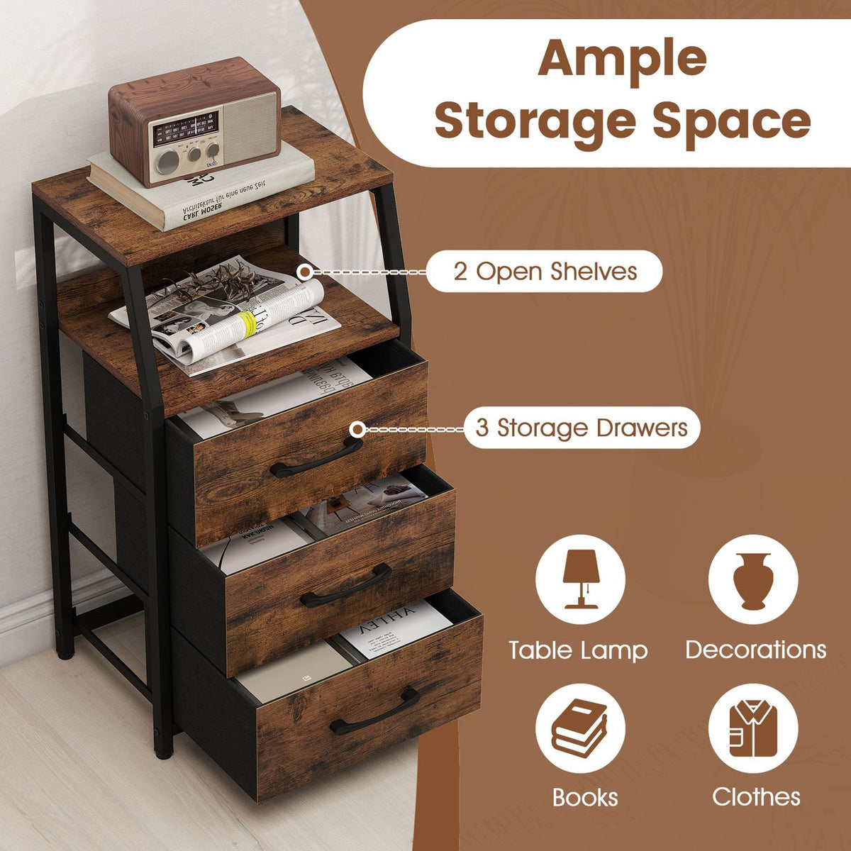 Set of 2 30.5" Tall Nightstand with 3 Fabric Drawers and 2 Spacious Open Shelves-Rustic Brown