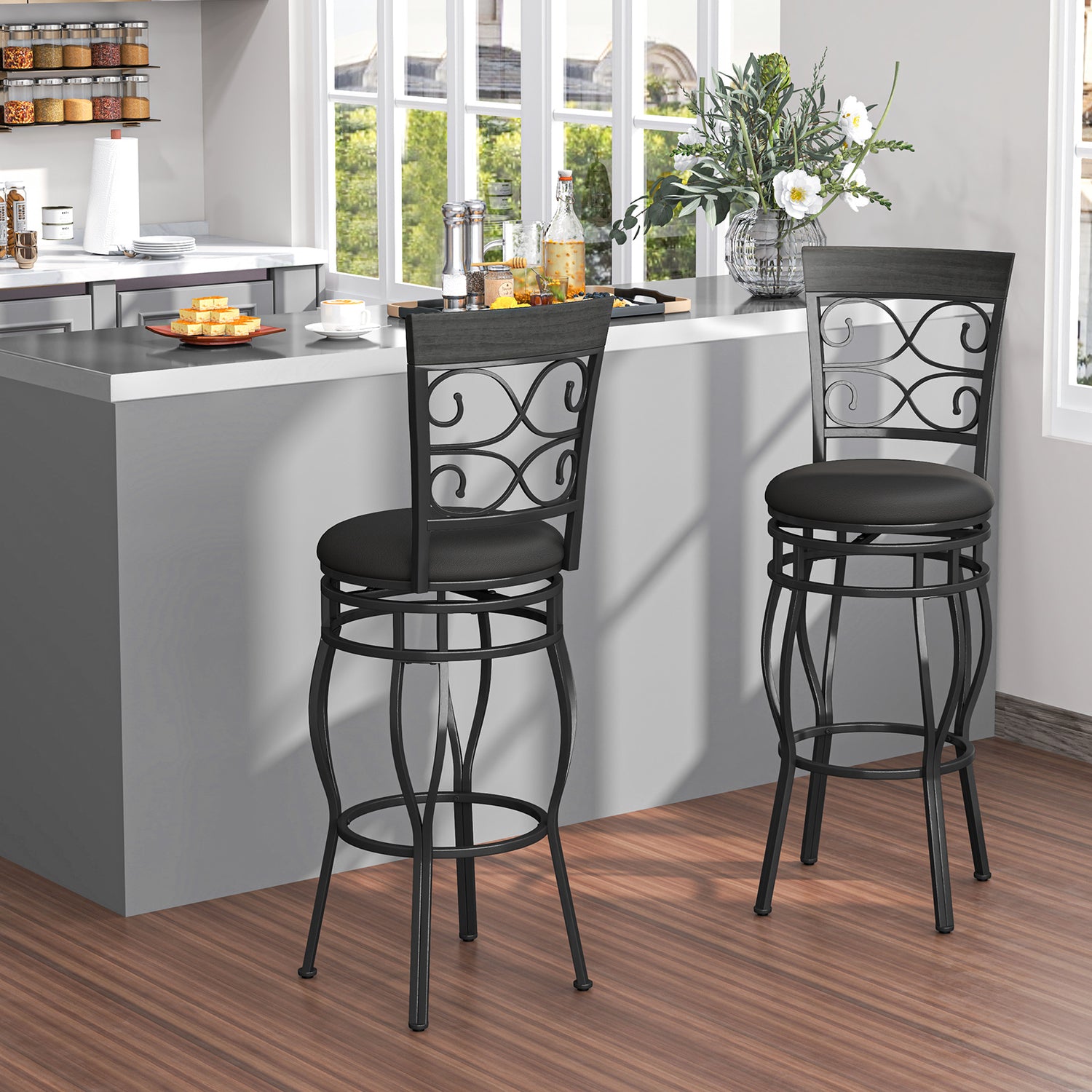 2 Pieces 30 Inch 360 Degree Swivel Bar Stools with Leather Padded Seat