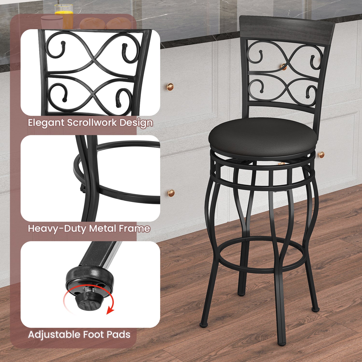 2 Pieces 30 Inch 360 Degree Swivel Bar Stools with Leather Padded Seat
