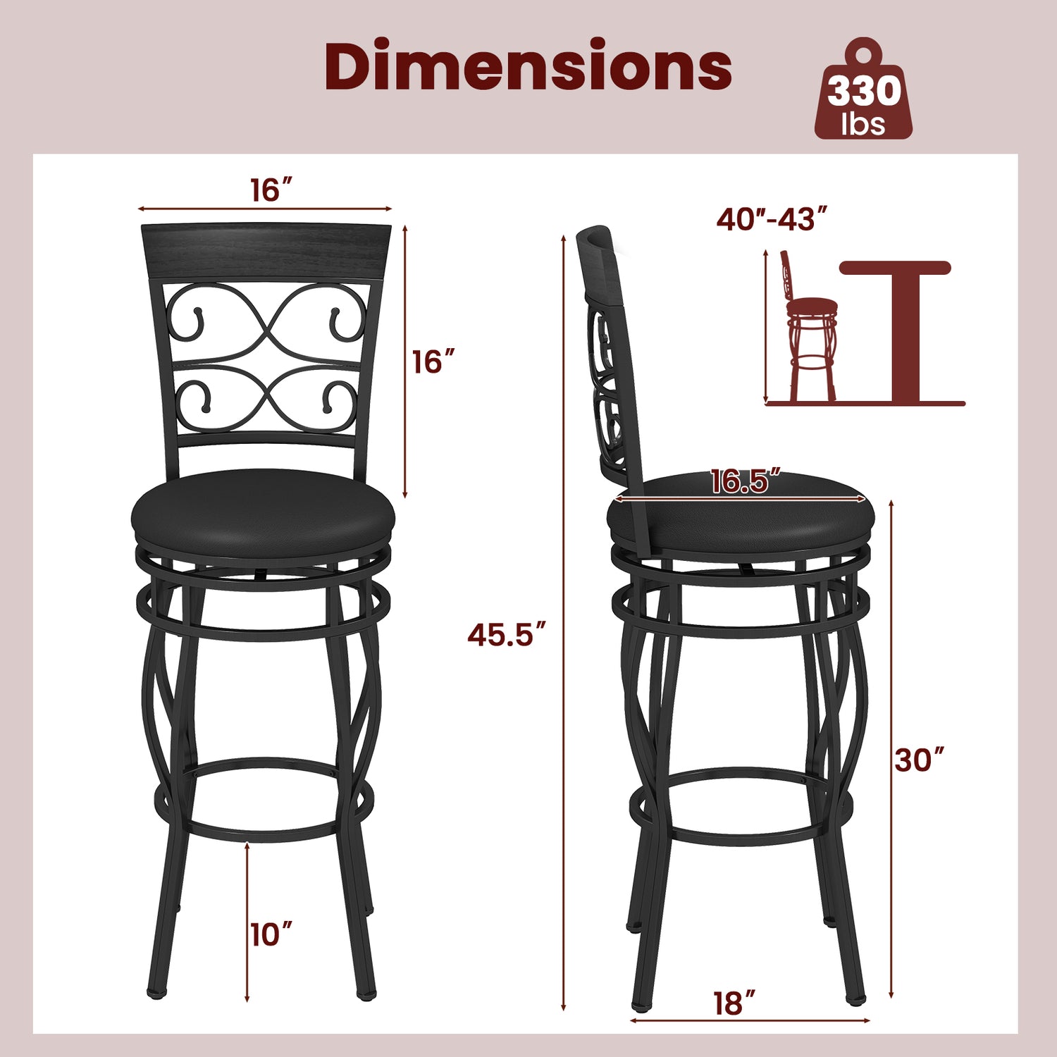 2 Pieces 30 Inch 360 Degree Swivel Bar Stools with Leather Padded Seat