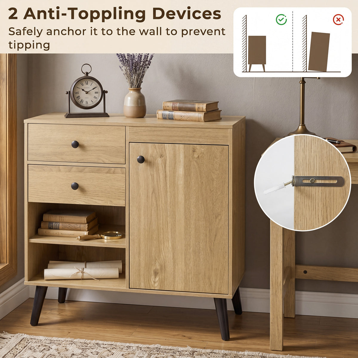 Set of 2 31" Buffet Cabinet with 2 Drawers and Open Compartments for Kitchen