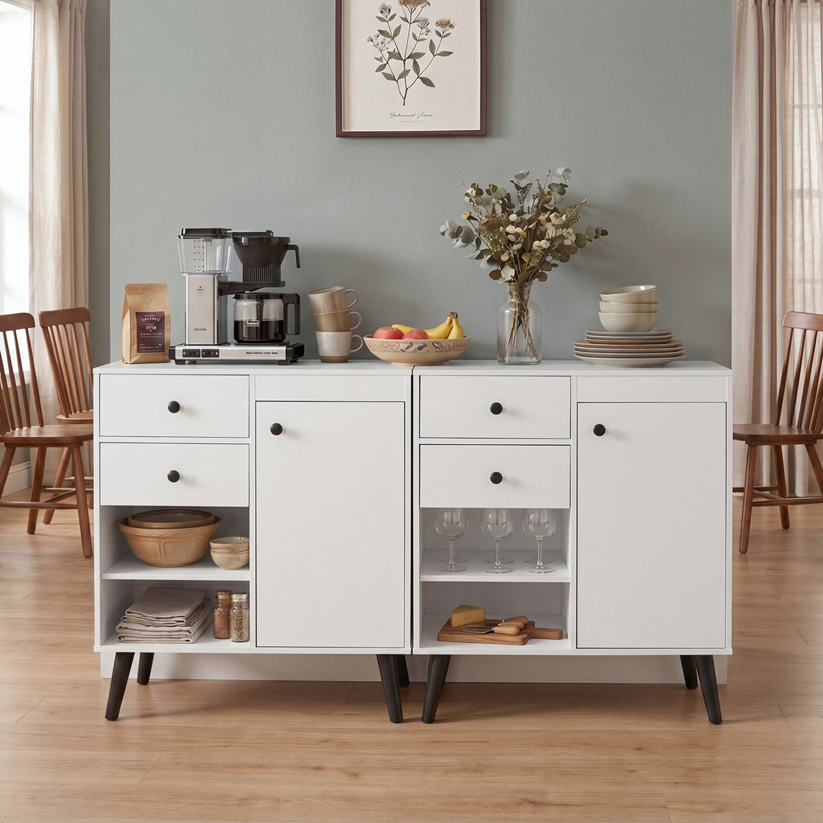 Set of 2 31" Buffet Cabinet with 2 Drawers and Open Compartments for Kitchen