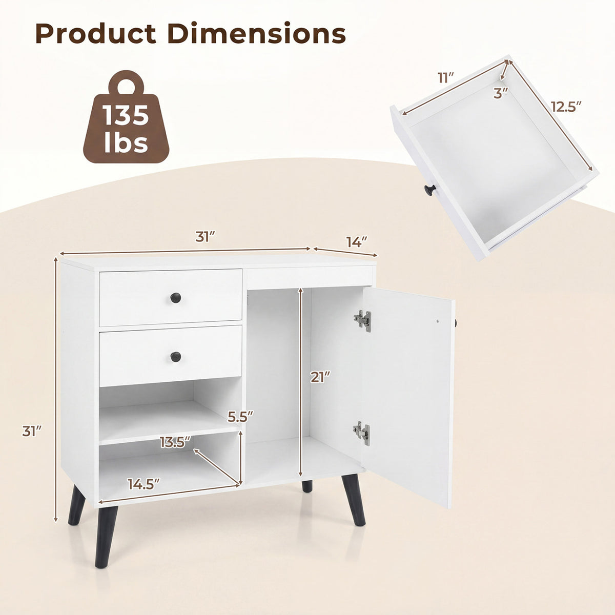 Set of 2 31" Buffet Cabinet with 2 Drawers and Open Compartments for Kitchen