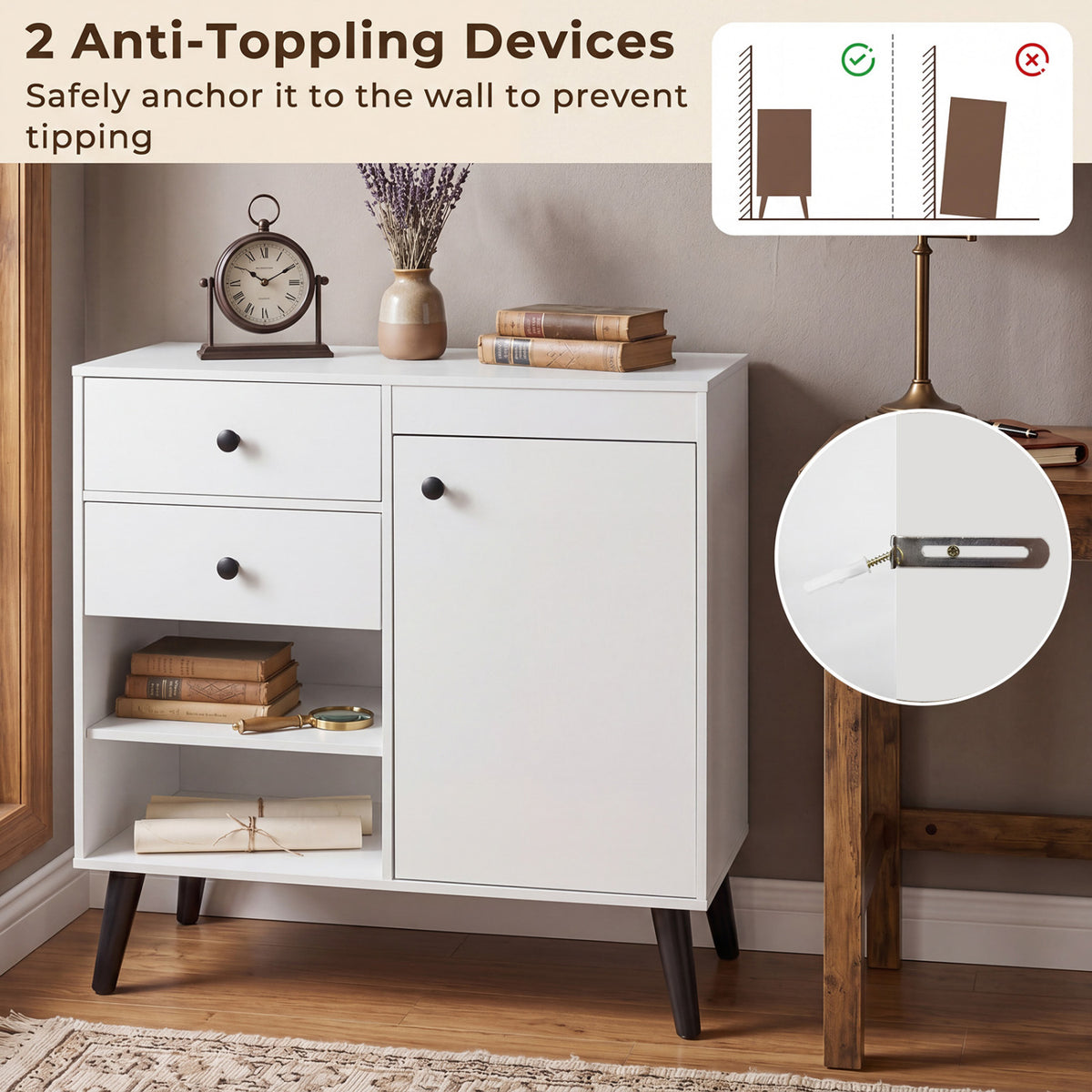 Set of 2 31" Buffet Cabinet with 2 Drawers and Open Compartments for Kitchen