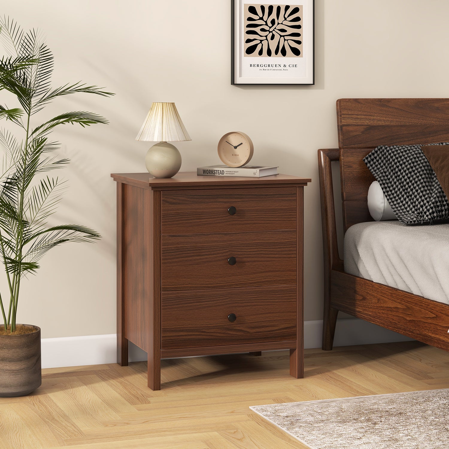 3-Drawer Nightstand with Wooden Finish for Bedroom-Brown