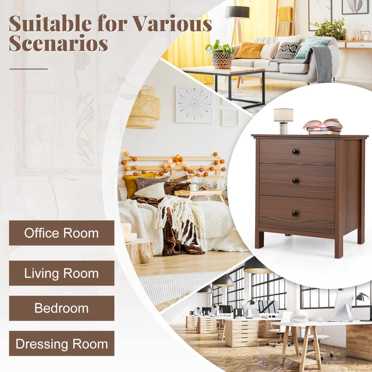 3-Drawer Nightstand with Wooden Finish for Bedroom-Brown