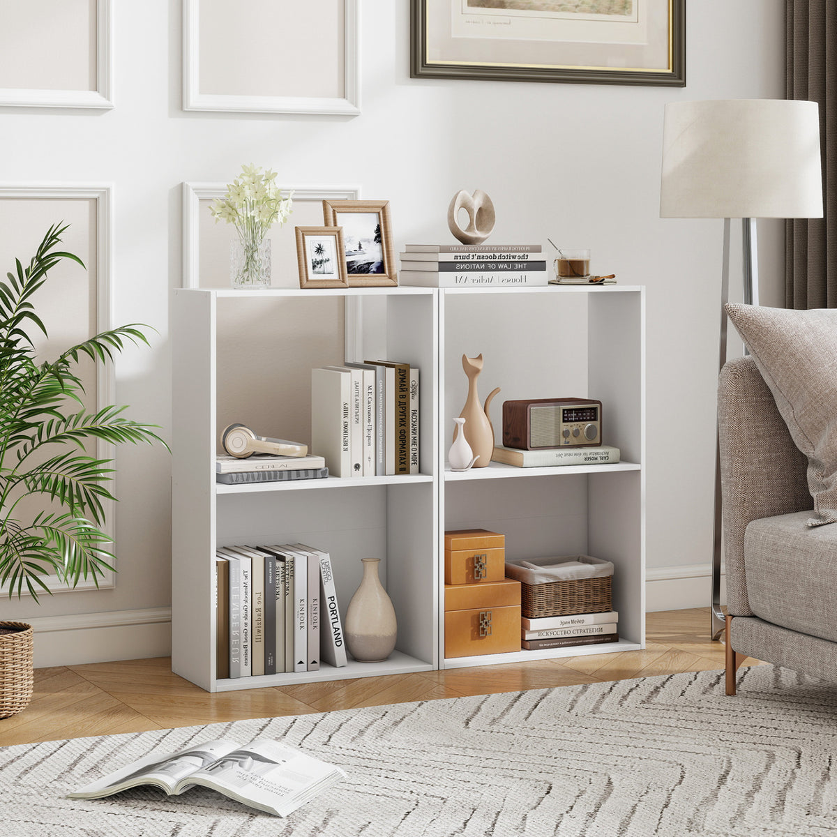 Set of 2 3-Tier Bookshelf with Open Storage Compartment and Freestanding Display Shelf