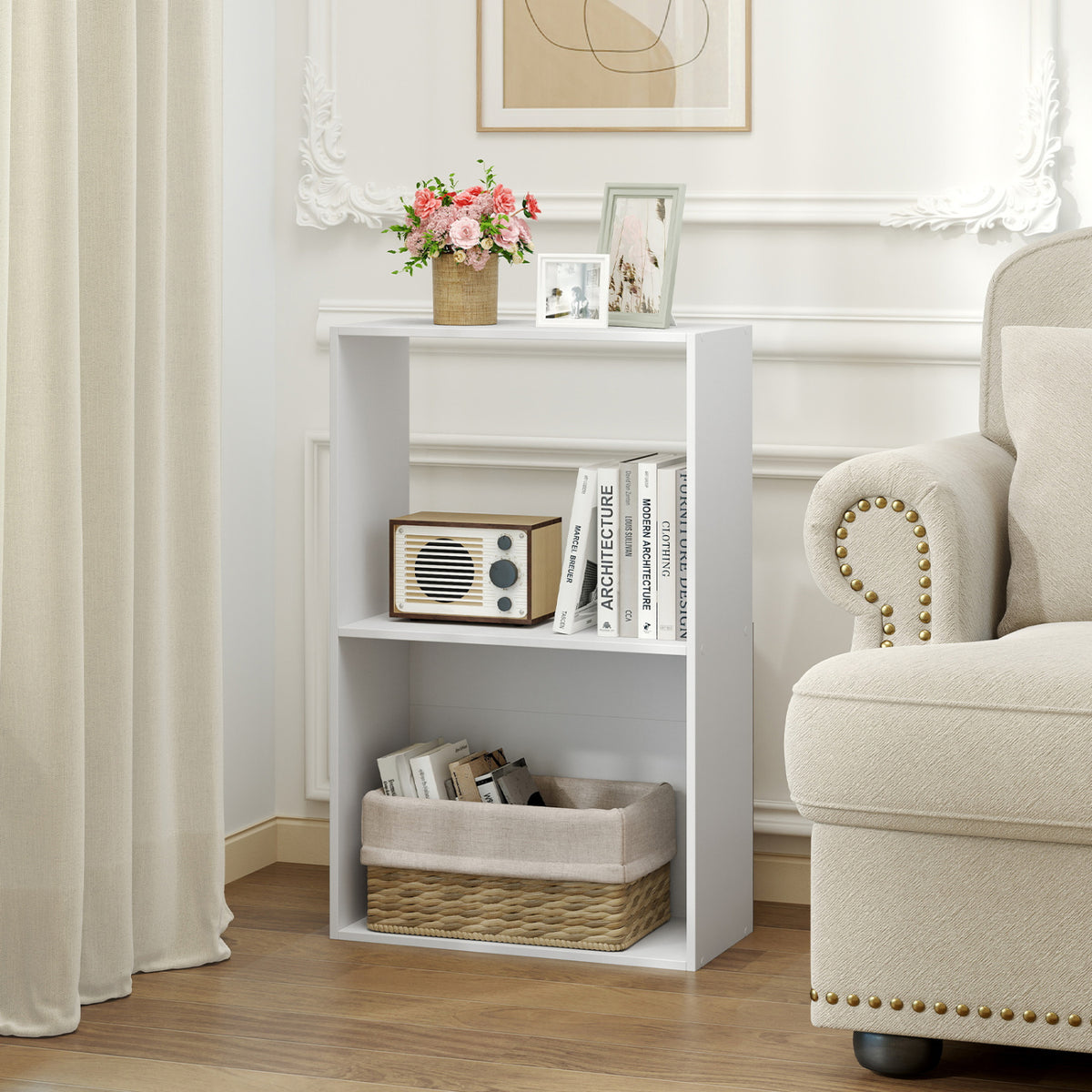 Set of 2 3-Tier Bookshelf with Open Storage Compartment and Freestanding Display Shelf