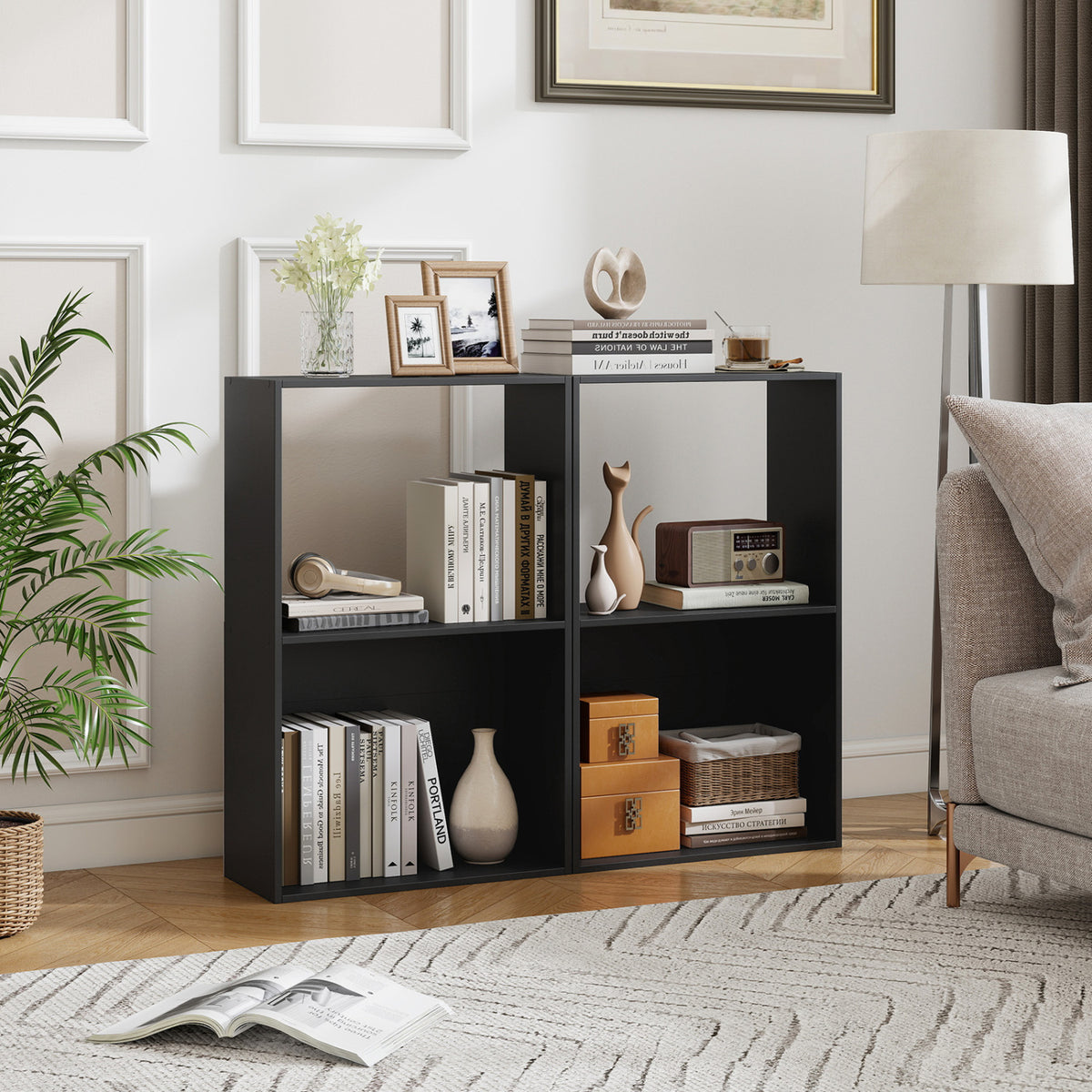 Set of 2 3-Tier Bookshelf with Open Storage Compartment and Freestanding Display Shelf