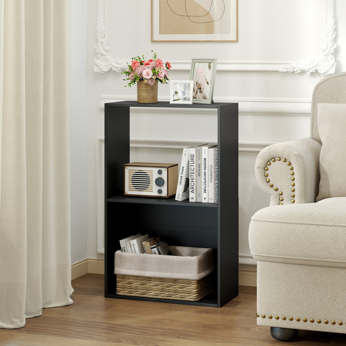 Set of 2 3-Tier Bookshelf with Open Storage Compartment and Freestanding Display Shelf