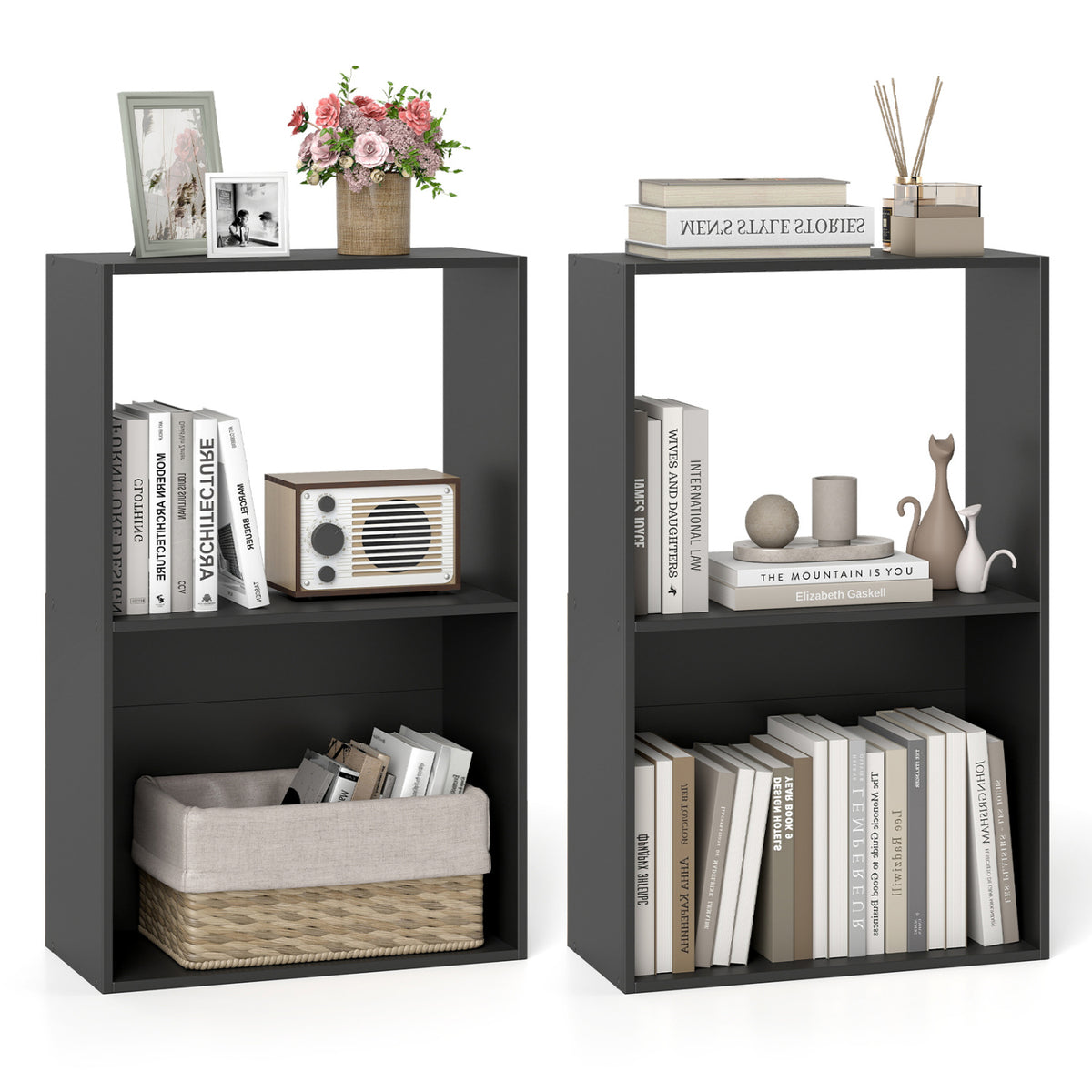 Set of 2 3-Tier Bookshelf with Open Storage Compartment and Freestanding Display Shelf