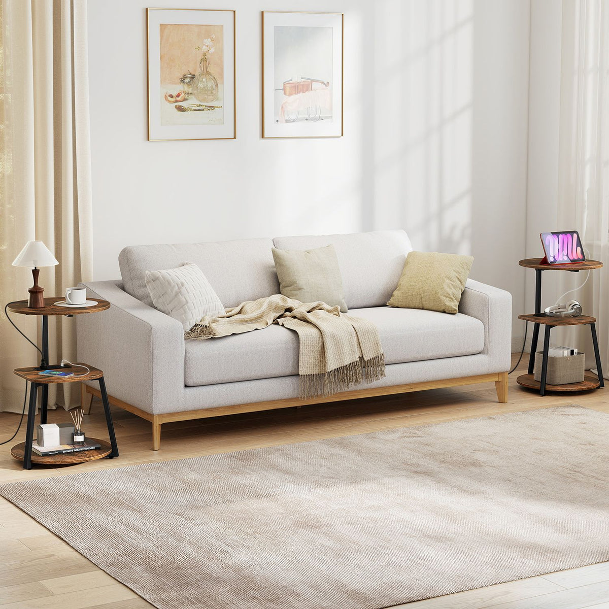 Set of 2 3-Tier Round End Table with Charging Station-Rustic Brown