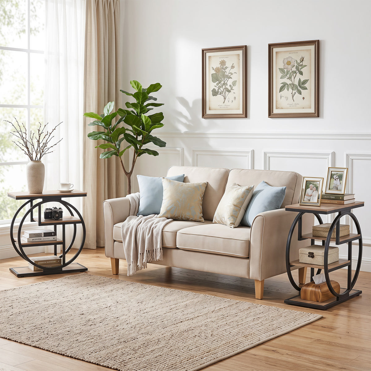 Set of 2 4-Tier Narrow End Table for Living Room with Storage Shelves