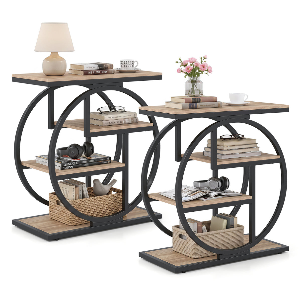 Set of 2 4-Tier Narrow End Table for Living Room with Storage Shelves