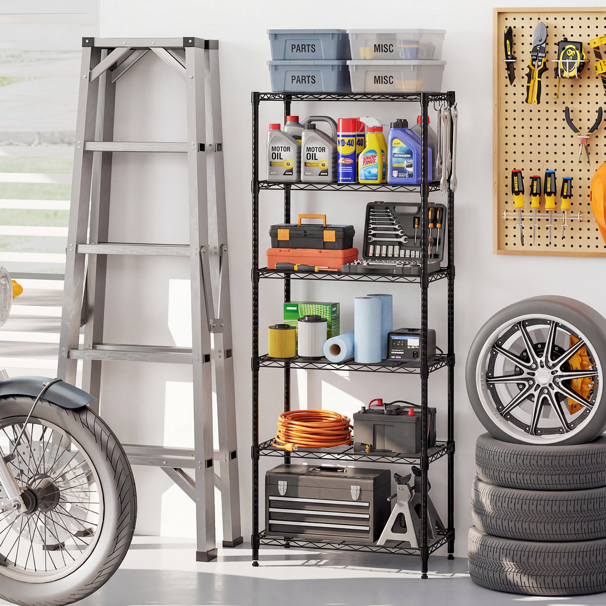 Set of 2 6-Tier Metal Storage Shelving Unit with V-Shaped Wire Rack and 900 LBS Capacity-Black