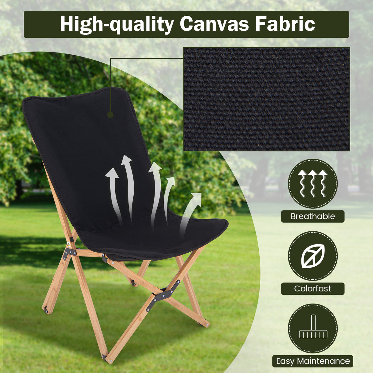 Set of 2 Bamboo Dorm Chair with Storage Pocket for Camping and Fishing