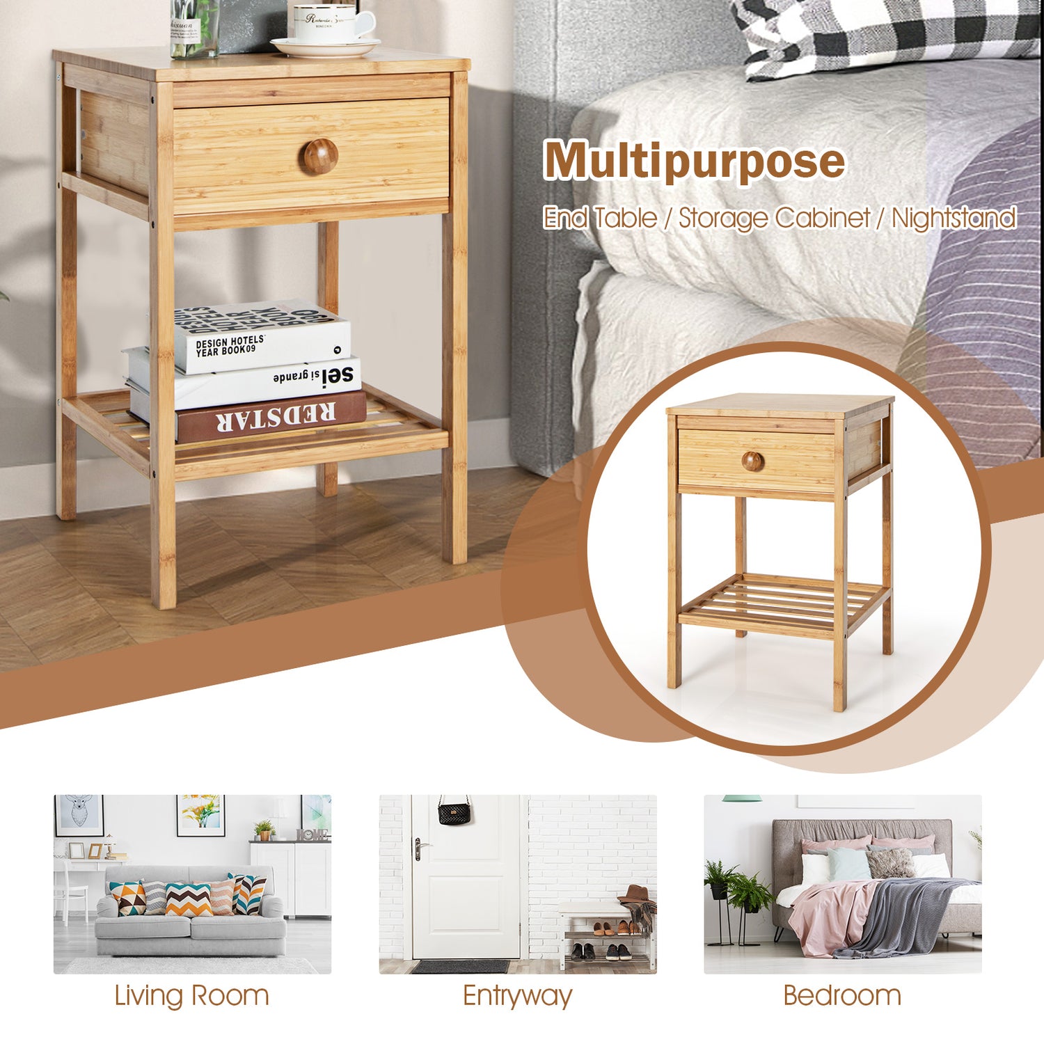 Set of 2 Bamboo End Tables with Drawer and Open Shelf-Natural