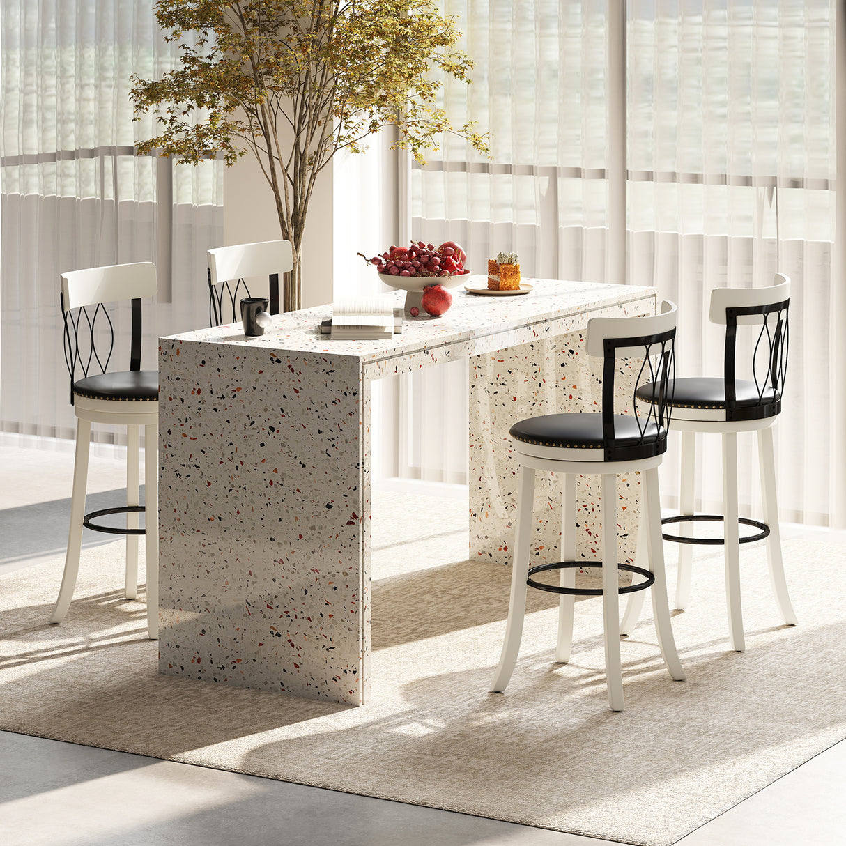 Set of 2 Bar Stools Swivel Bar Chairs with Footrest Rubber Wood Frame and Tufted Rivets