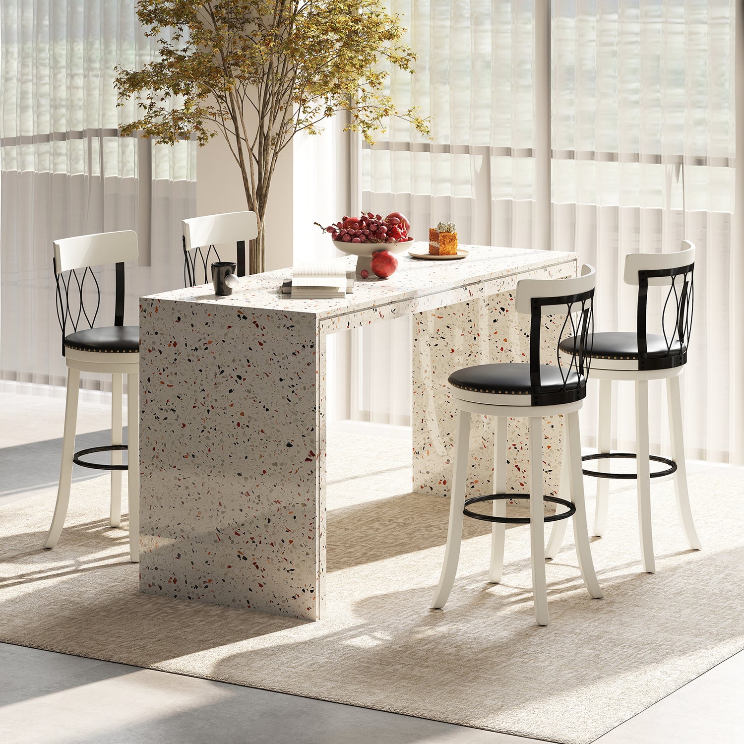 Set of 2 Bar Stools Swivel Bar Chairs with Footrest Rubber Wood Frame and Tufted Rivets