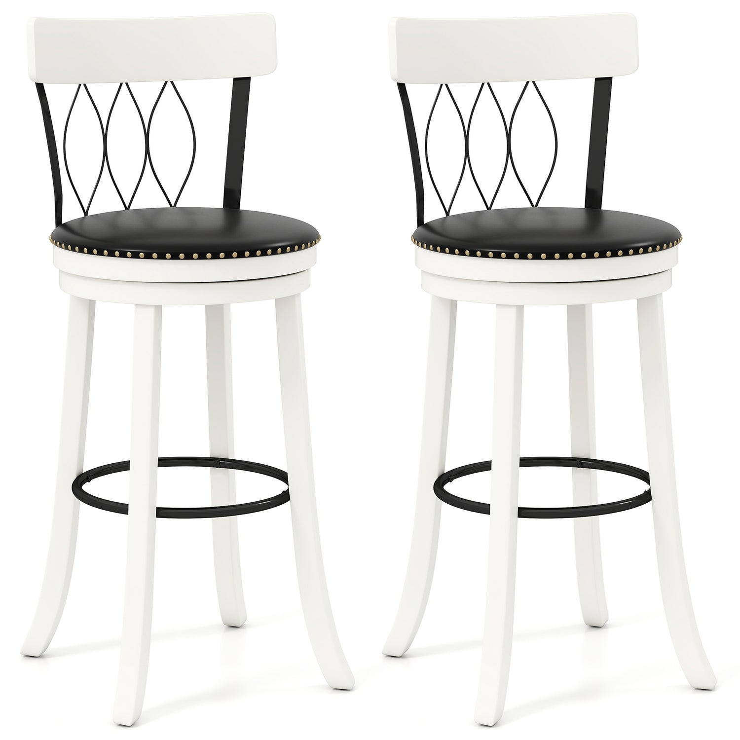 Set of 2 Bar Stools Swivel Bar Chairs with Footrest Rubber Wood Frame and Tufted Rivets