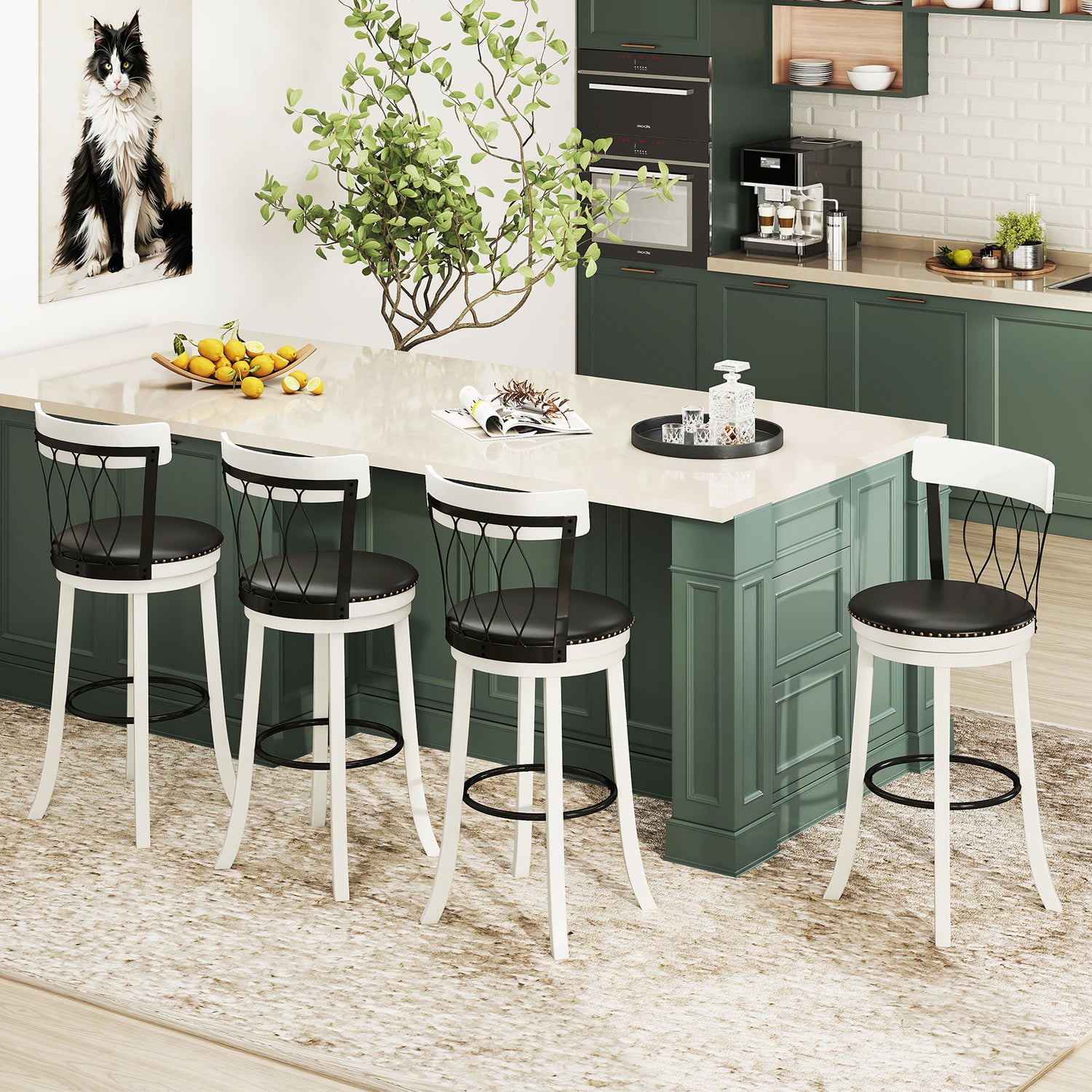 Set of 2 Bar Stools Swivel Bar Chairs with Footrest Rubber Wood Frame and Tufted Rivets