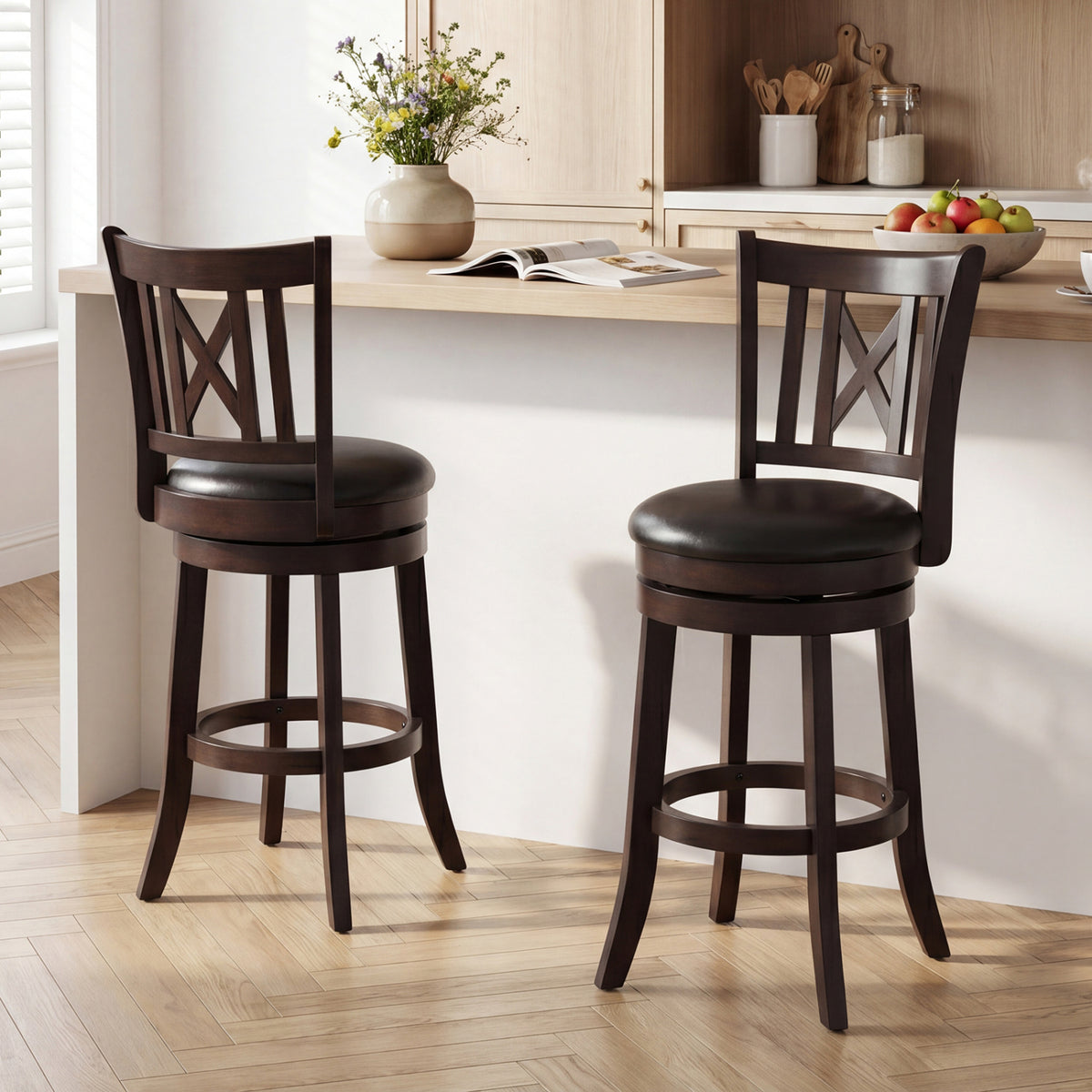 Set of 2 Bar Stools Swivel Bar Chairs with Hollowed Backrest and Footrest-30/Footrest-26 inches