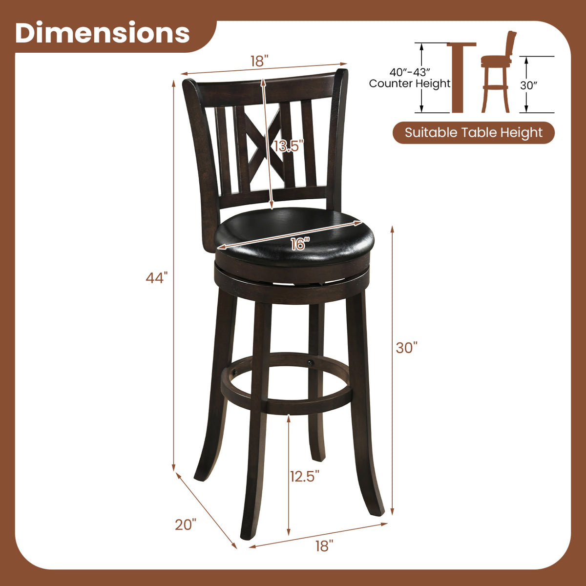 Set of 2 Bar Stools Swivel Bar Chairs with Hollowed Backrest and Footrest-30/Footrest-26 inches
