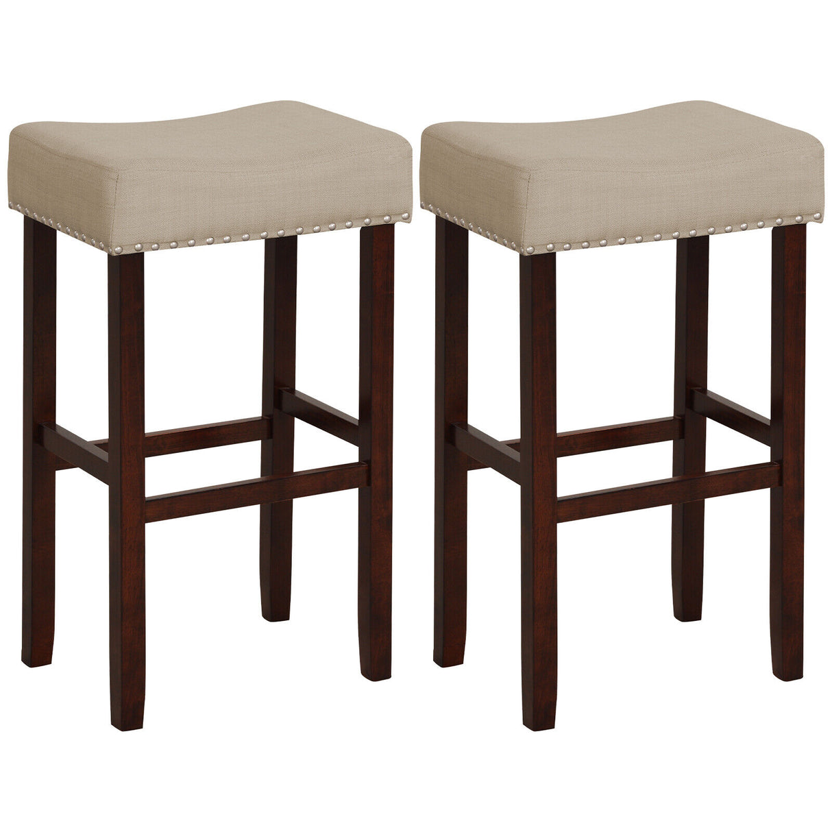29 Inch Set of 2 Height Upholstered Bar Stool with Solid Rubber Wood Legs and Footrest