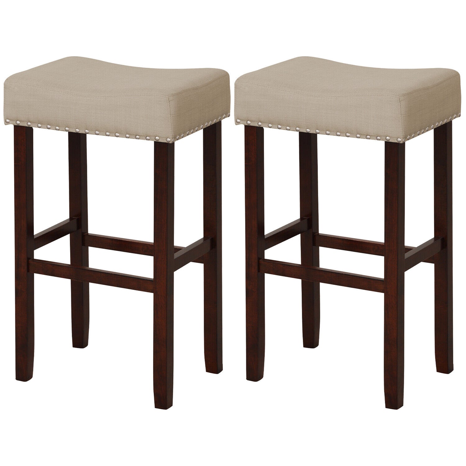 29 Inch Set of 2 Height Upholstered Bar Stool with Solid Rubber Wood Legs and Footrest