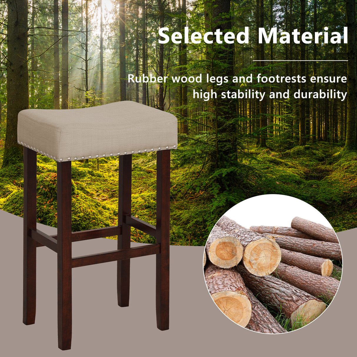 29 Inch Set of 2 Height Upholstered Bar Stool with Solid Rubber Wood Legs and Footrest