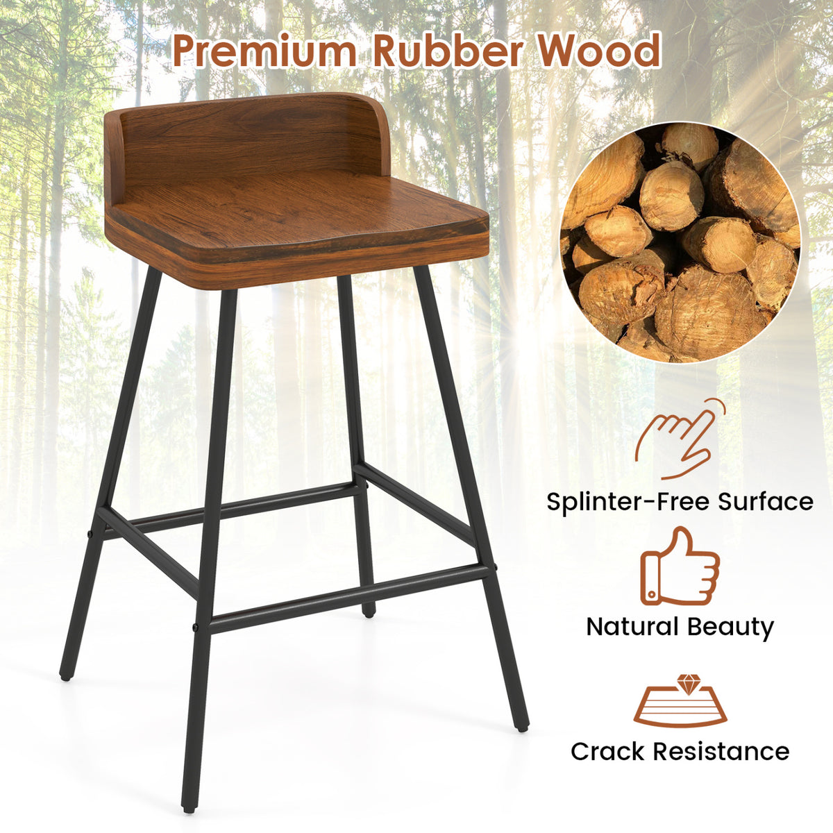 Set of 4 24" Industrial Rubber Wood Bar Stool with Low Back Metal Legs and Footrest