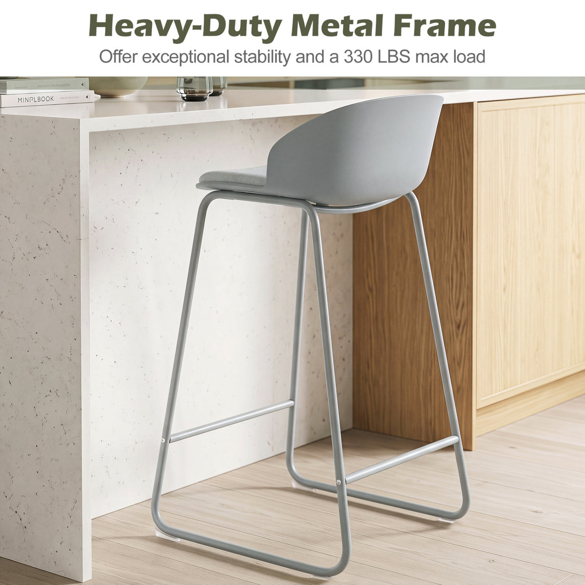 Set of 2 Counter Height Bar Stools with Curved Backrest and Metal Frame for Kitchen Dining