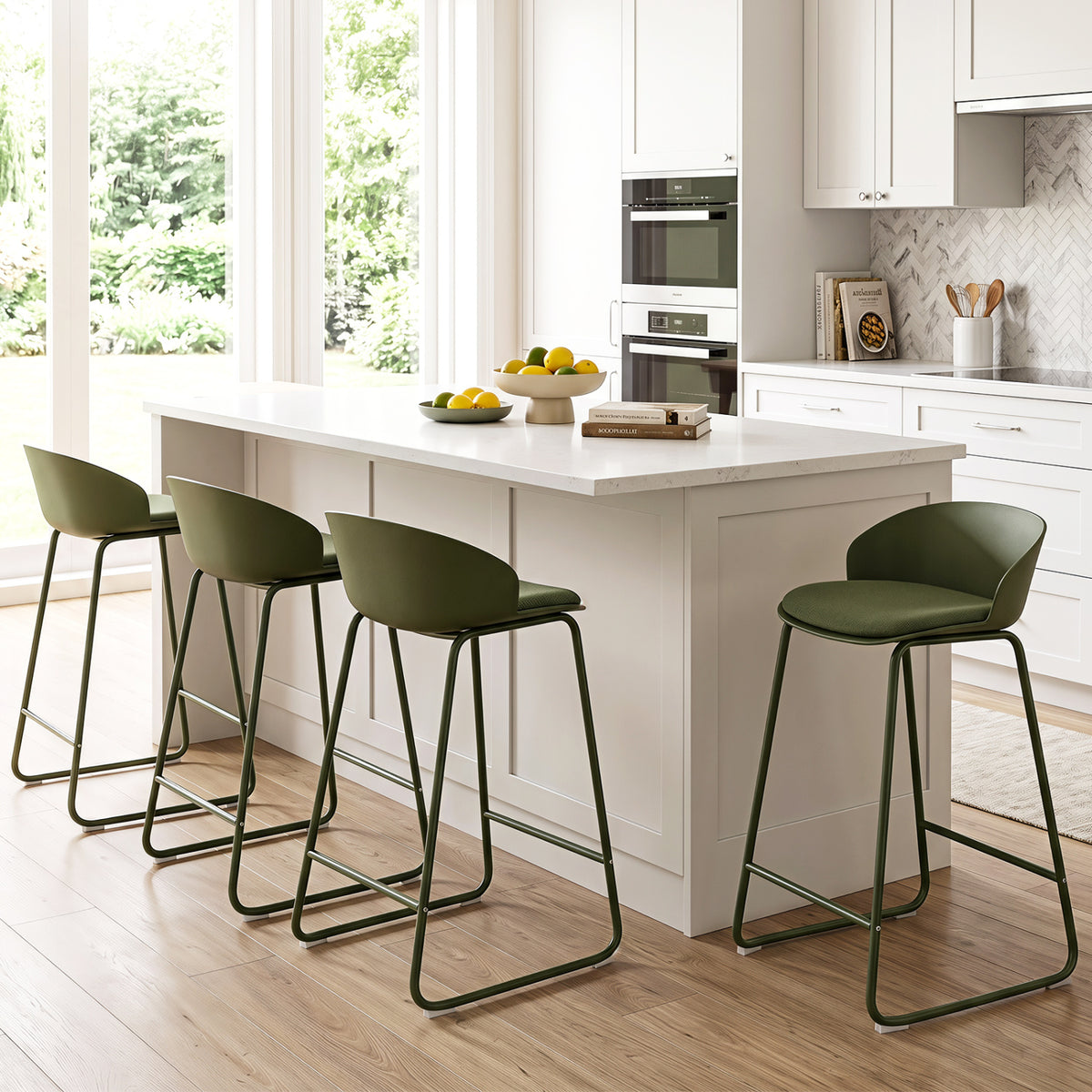 Set of 2 Counter Height Bar Stools with Curved Backrest and Metal Frame for Kitchen Dining