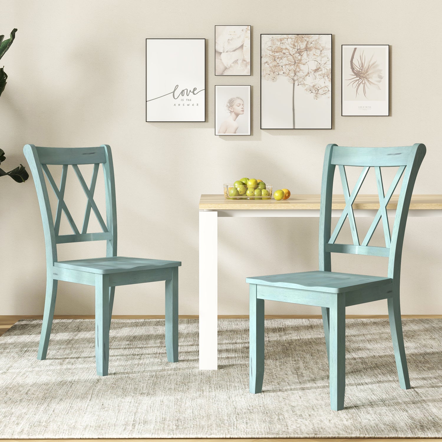 Set of 2 Cross Back Rubber Wood Dining Chairs