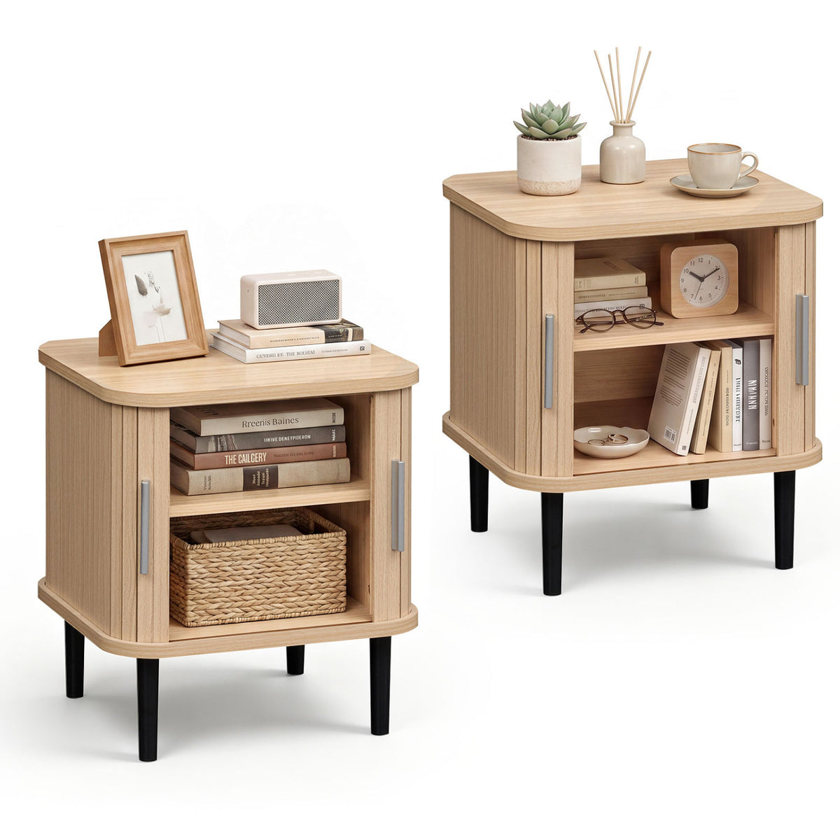 Set of 2 Fluted Nightstand with Sliding Doors and Adjustable Shelf for Small Spaces