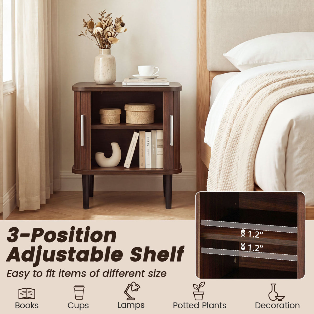 Set of 2 Fluted Nightstand with Sliding Doors and Adjustable Shelf for Small Spaces