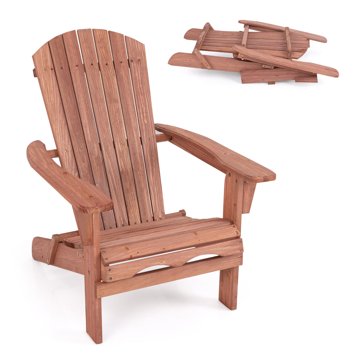 1 Piece Folding Adirondack Chair with High Backrest and Wide Armrests