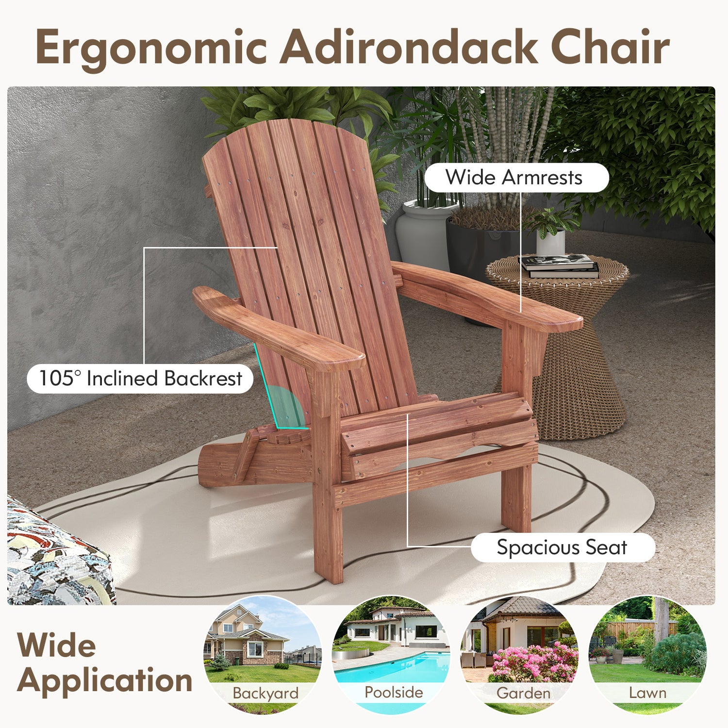 1 Piece Folding Adirondack Chair with High Backrest and Wide Armrests