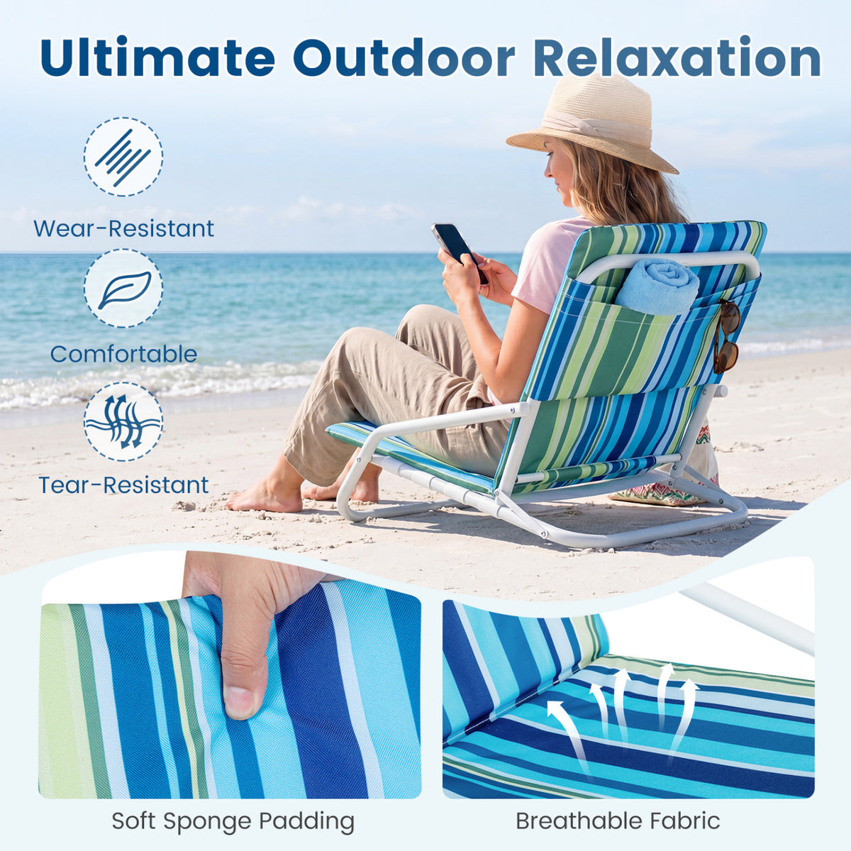 Set of 2 Folding Beach Chairs with Sponge Padded Seat for Camping