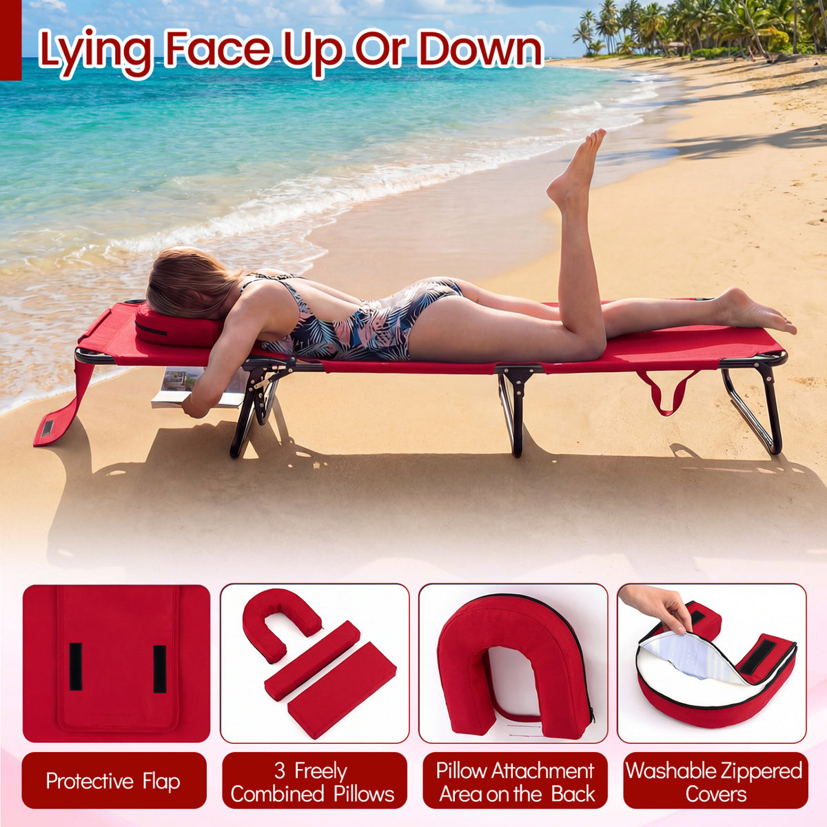 Set of 2 Folding Face Down Tanning Chair with Face Hole 3 Removable Pillows