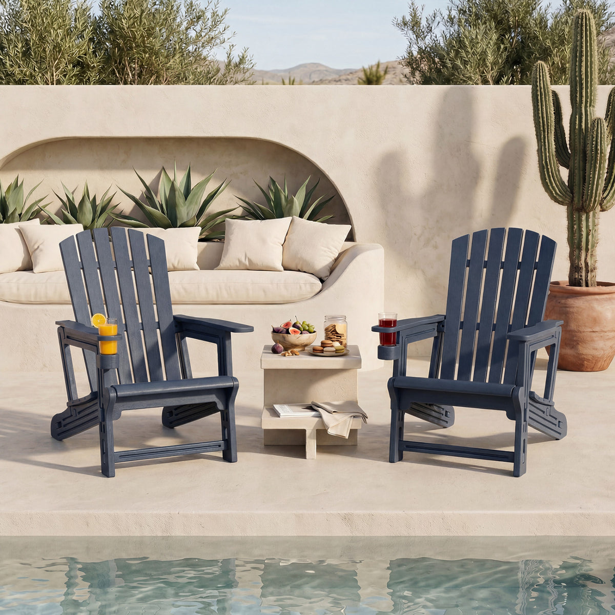 Set of 2 HDPE Adirondack Chair with Cup Holder and Wood-Like Texture for Garden