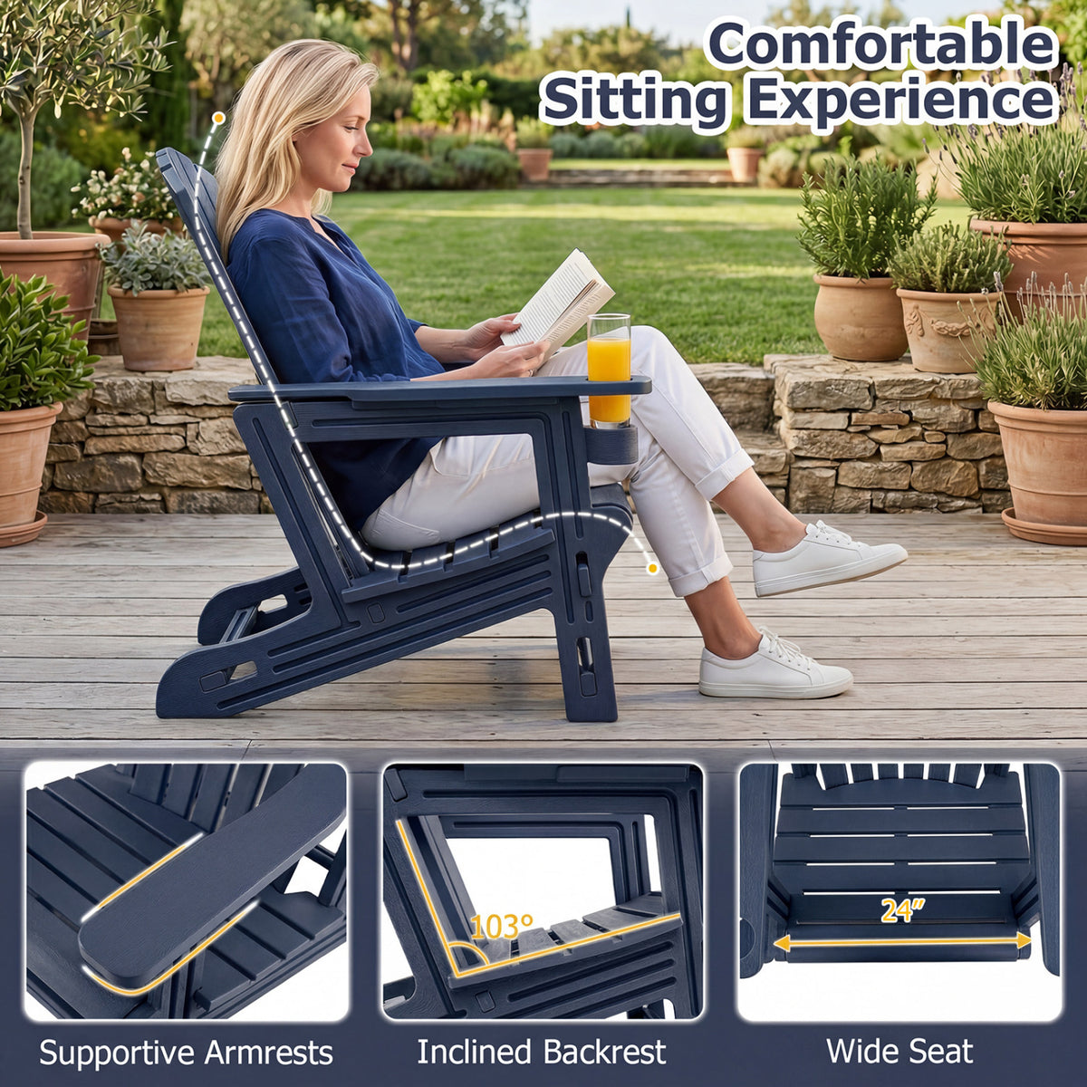 Set of 2 HDPE Adirondack Chair with Cup Holder and Wood-Like Texture for Garden