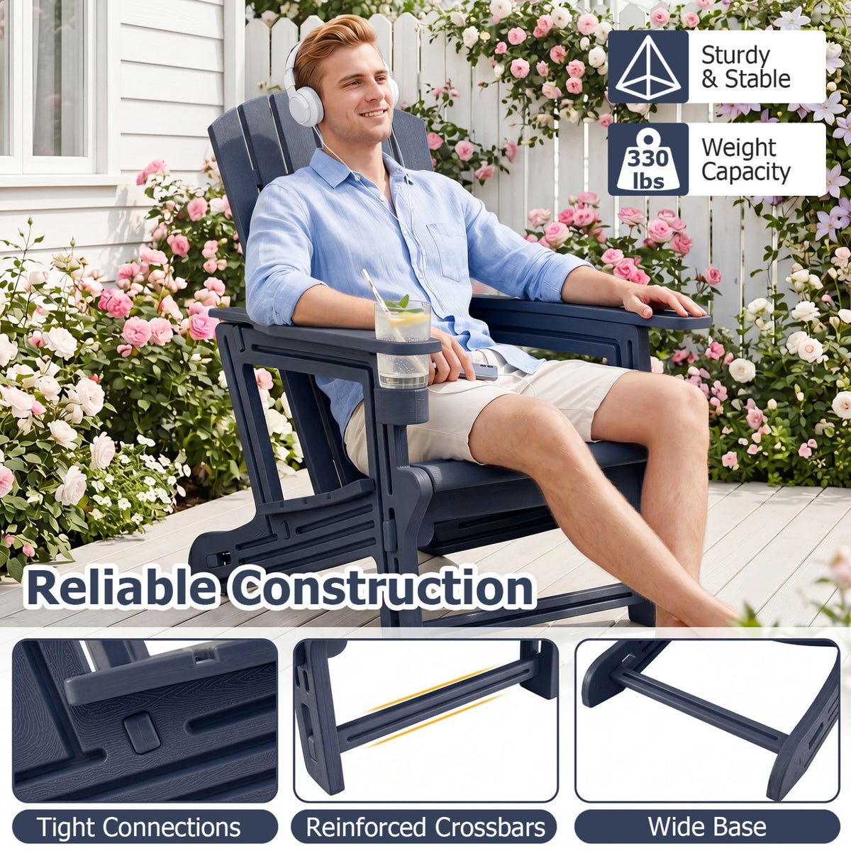 Set of 2 HDPE Adirondack Chair with Cup Holder and Wood-Like Texture for Garden